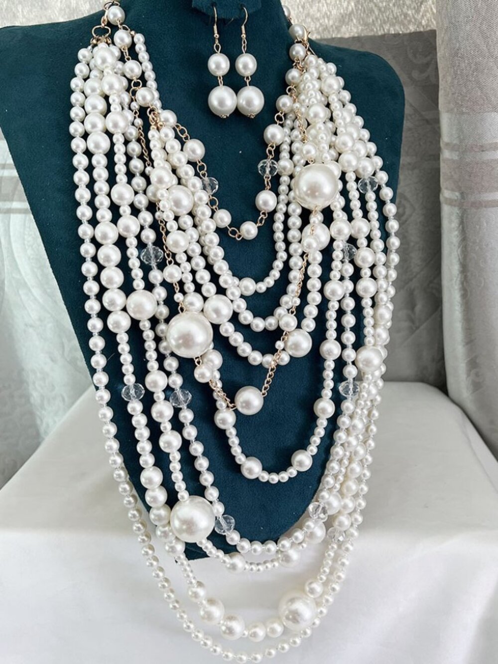 Chunky Multi Layer Faux Pearl Statement Necklace Earrings Set Gatsby